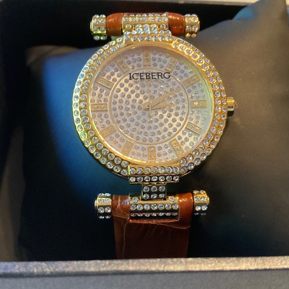Brand New Never Worn Iceberg Gold Crystal-Studded Watch with Brown Strap